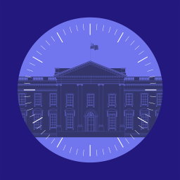 A violet background with an image of the white house in the center. 