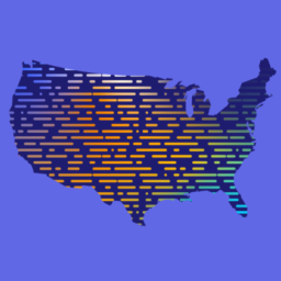 illustration of US map with multi-colored dash marks on a violet blue background