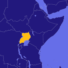 blue map of Africa with Uganda highlighted in yellow